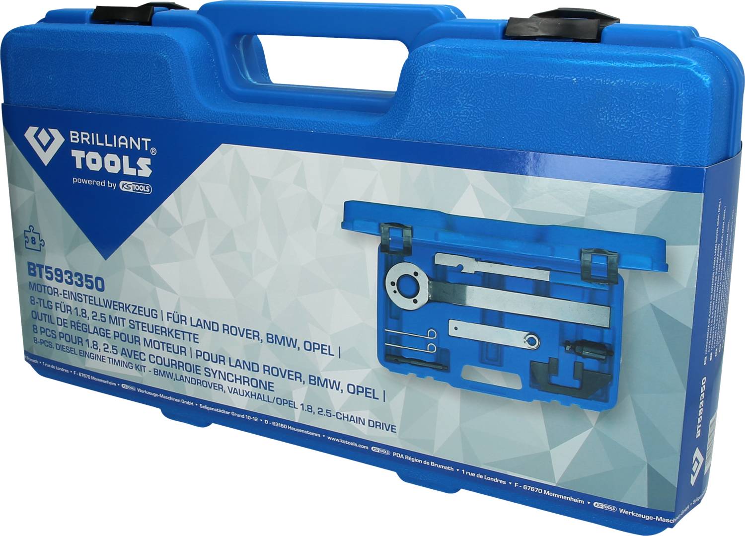 Blue tool case by Brilliant Tools; contains engine timing tool set for Land Rover, BMW, Opel; Model BT593350.