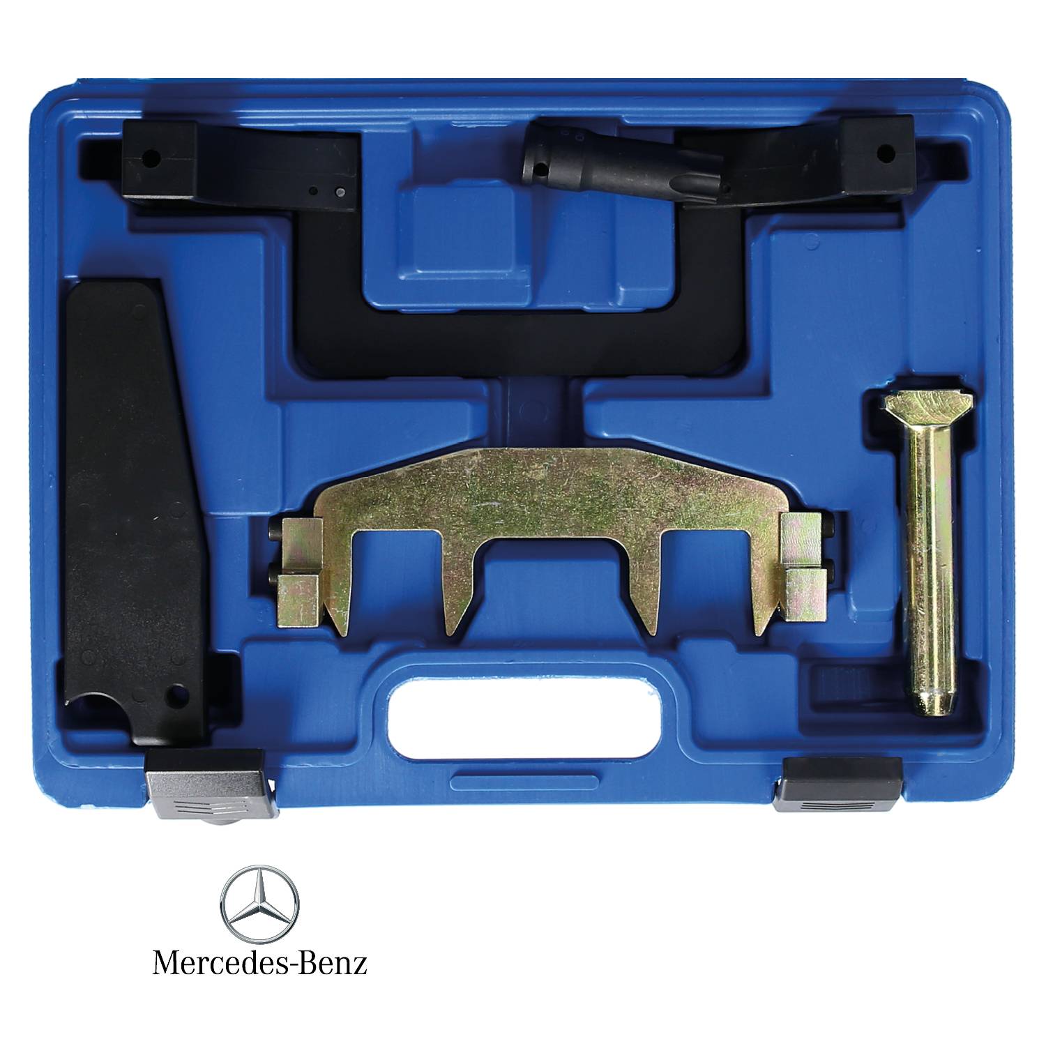 'Mercedes-Benz tool kit with various metal tools in a blue plastic box.'