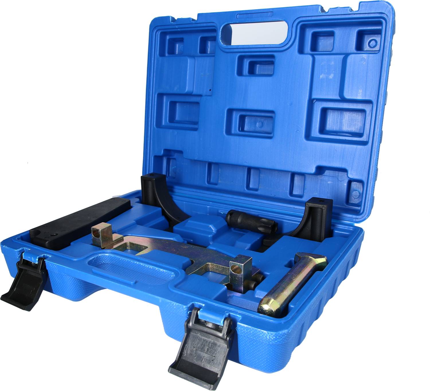 A blue plastic case containing various tools for setting engine timing, including mounting brackets and spanners.