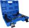 A blue tool case with various automotive tools, including a spanner, in a custom foam insert.