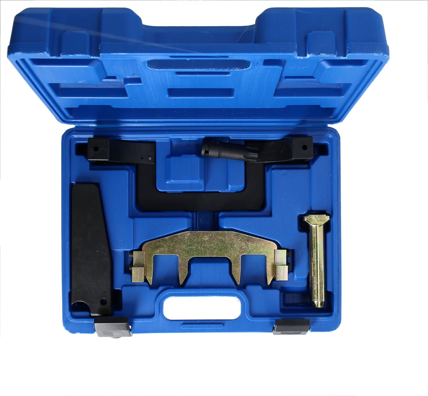 An open blue toolbox displaying various metallic tools, including a key-shaped component, screws, and brackets.