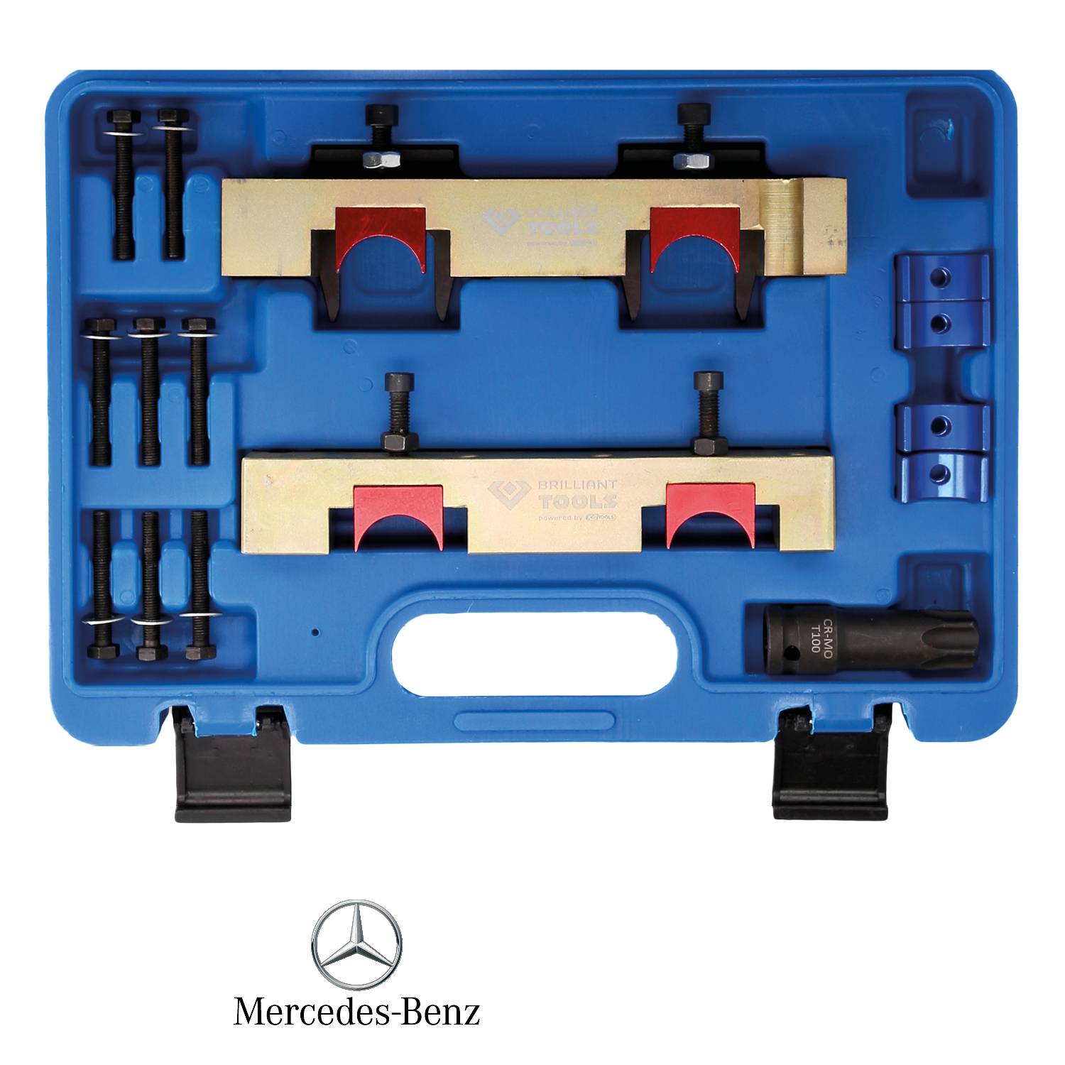 A blue toolbox with special fixing tools and screws, stored in pre-cut compartments, displays the Mercedes-Benz logo.
