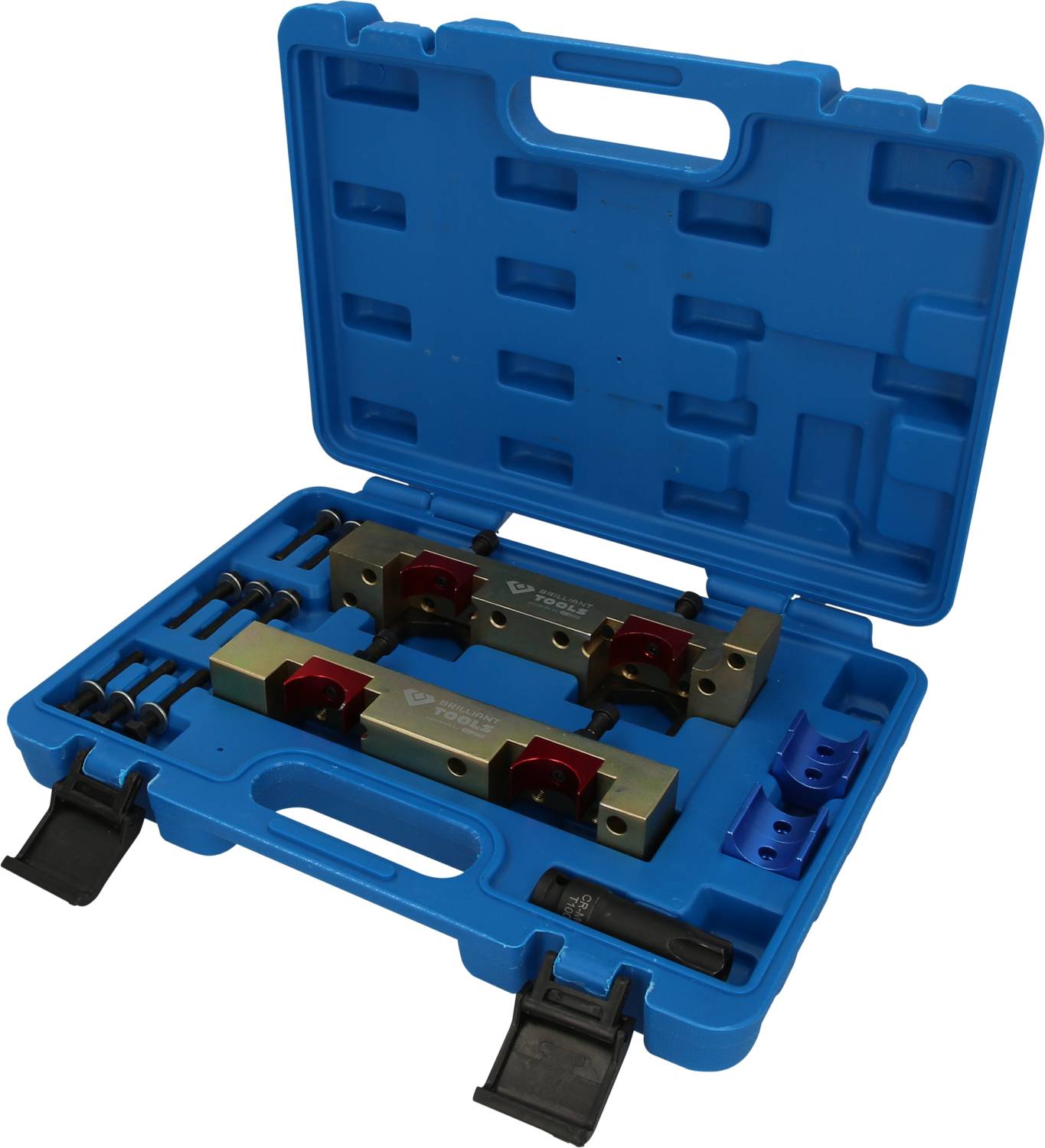 Blue toolbox with specialised metal tools in moulded compartments. Tool set for automotive work or repairs.