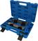 Blue toolbox with specialised metal tools in moulded compartments. Tool set for automotive work or repairs.