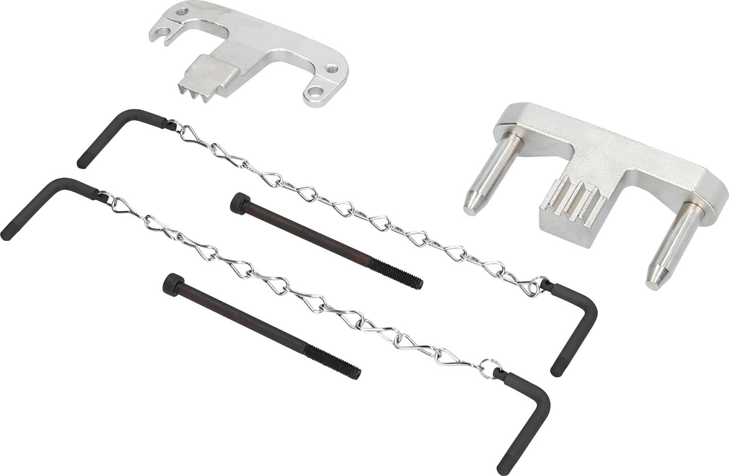 A set of automotive tools, comprising an engine adjustment tool and two chains with hooks, against a light background.