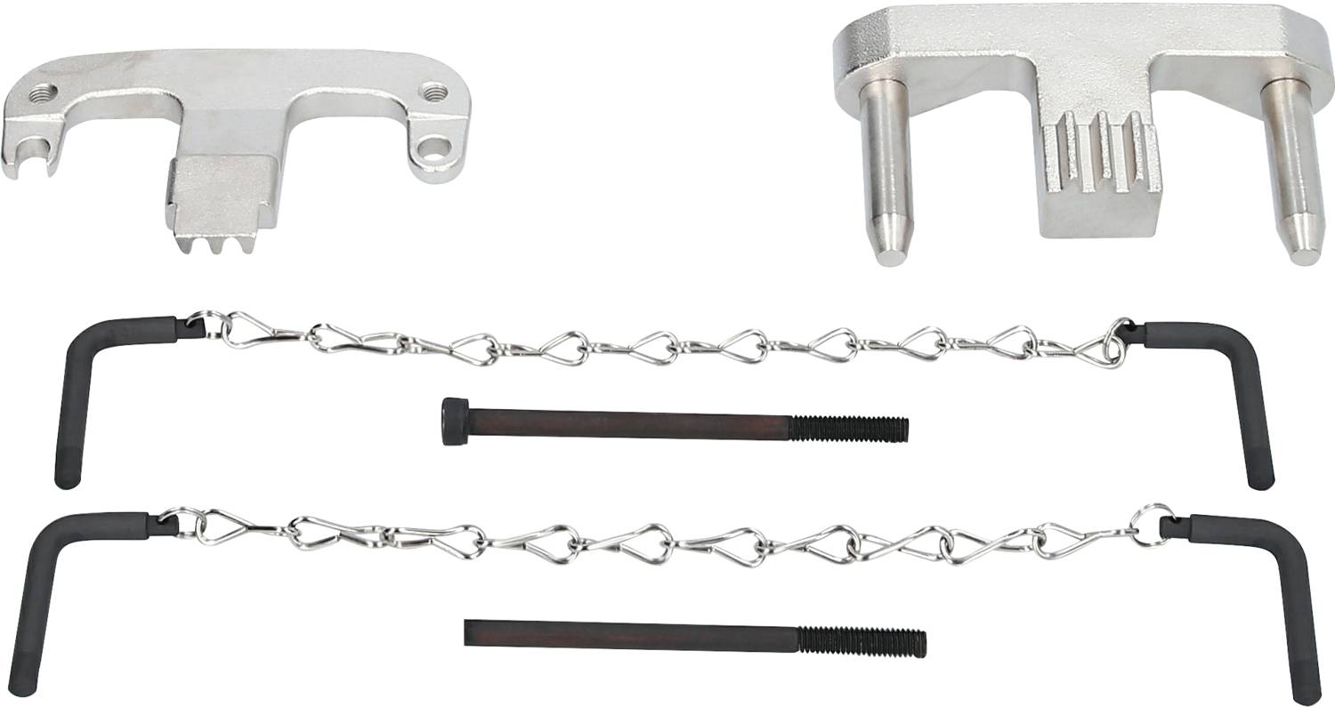 Specialist motor repair tool set with two silver mounting brackets, two chains with hooks, and two black metal rods.