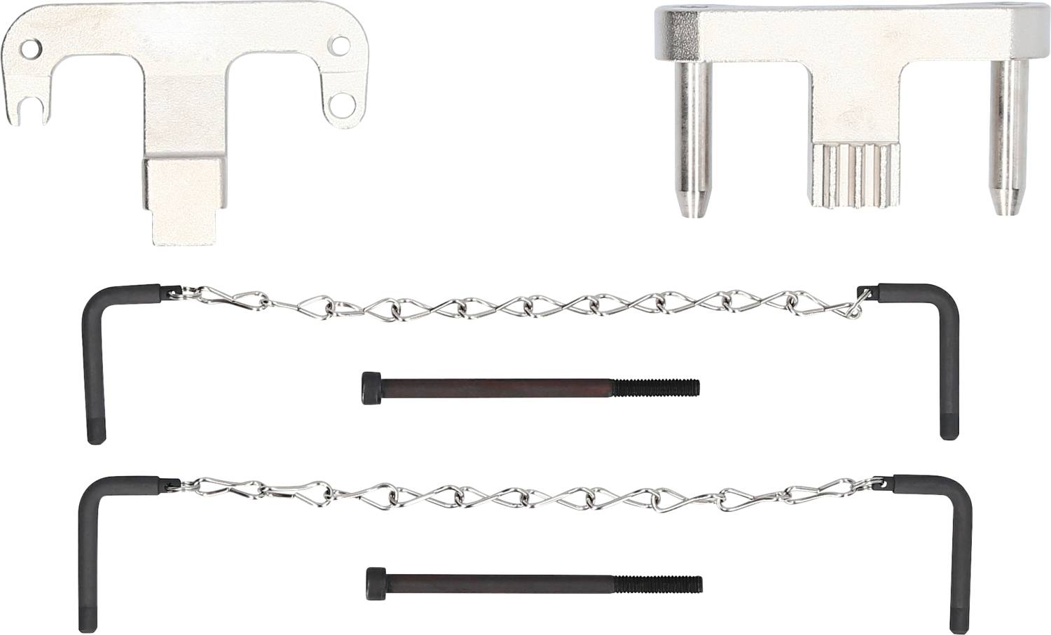 Tool set for camshaft locking on automotive engines. Contains brackets, chains and bolts.