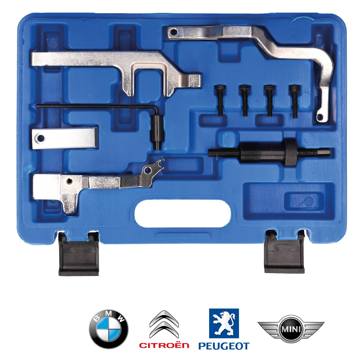 A blue tool set with various metal parts and screws, featuring logos of BMW, Citroën, Peugeot and Mini.