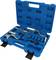 A blue toolbox with specialist metal tools and holders for vehicle repair or maintenance.