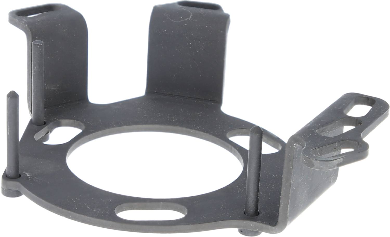 Metal bracket with a circular base and three arms rising vertically upwards. Used for securing components.