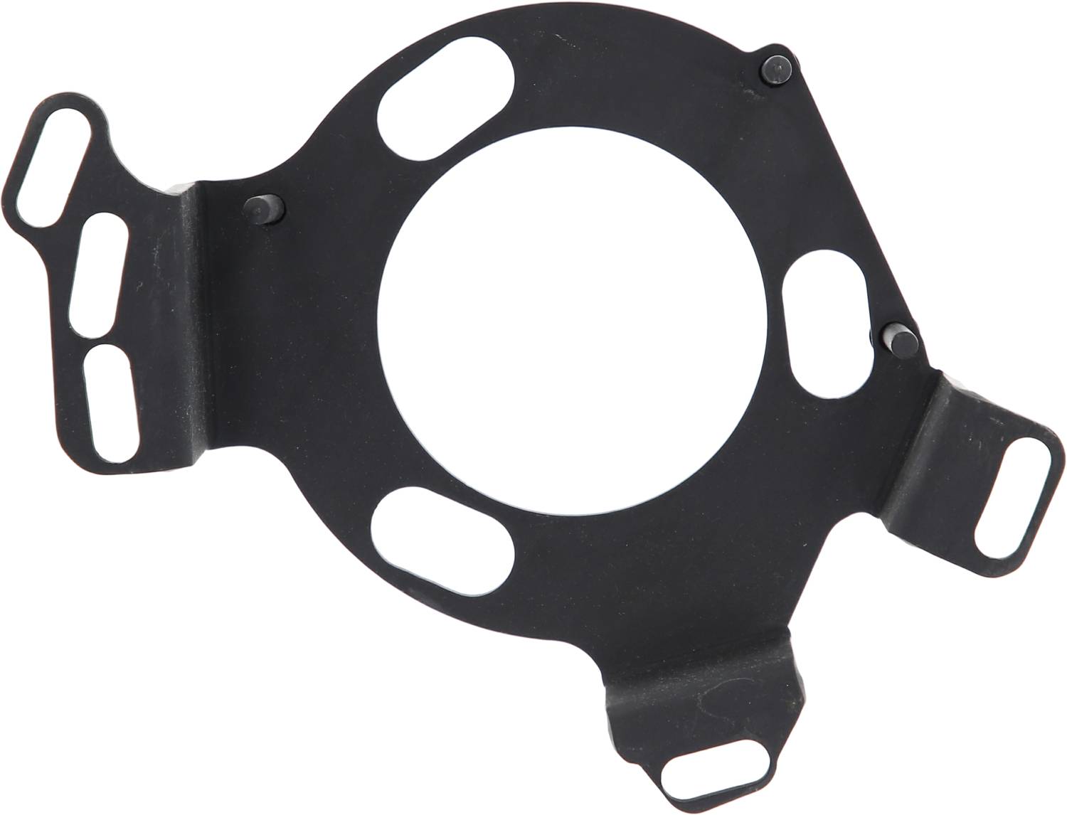 Black metal part with a circular recess in the centre and several curved edges and openings on the sides.