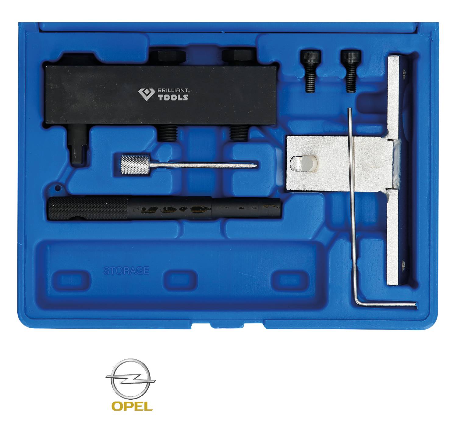 Blue tool case with various car tools such as spanners and pins. 'Brilliant Tools' and 'Opel' logo visible.