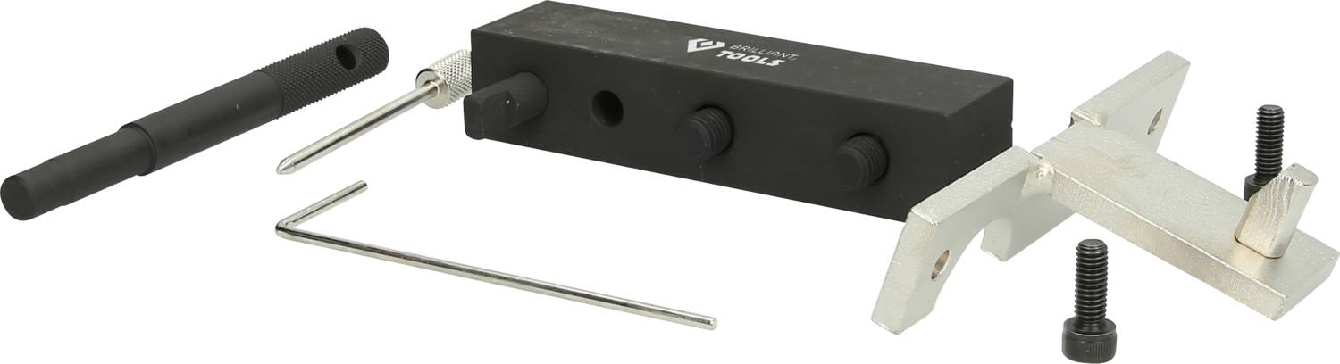 A camshaft setting tool set with various metal components, including screws and an Allen key, for precise engine tuning.