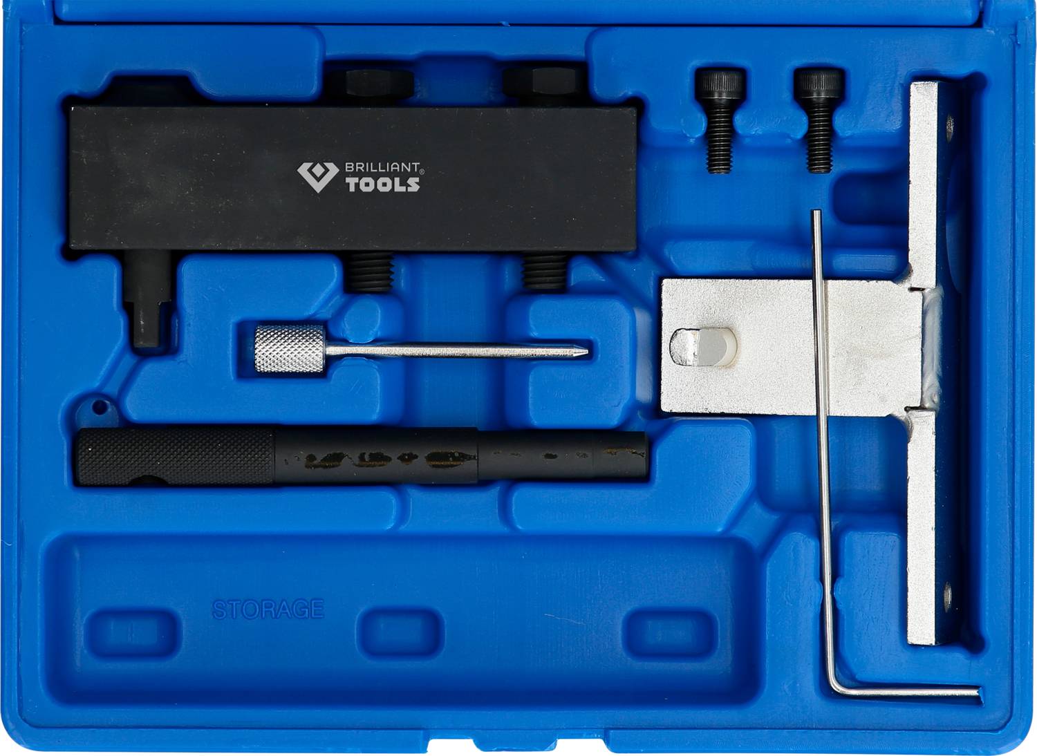 A blue plastic case containing various black metal tools and a silver Allen key, precisely arranged.