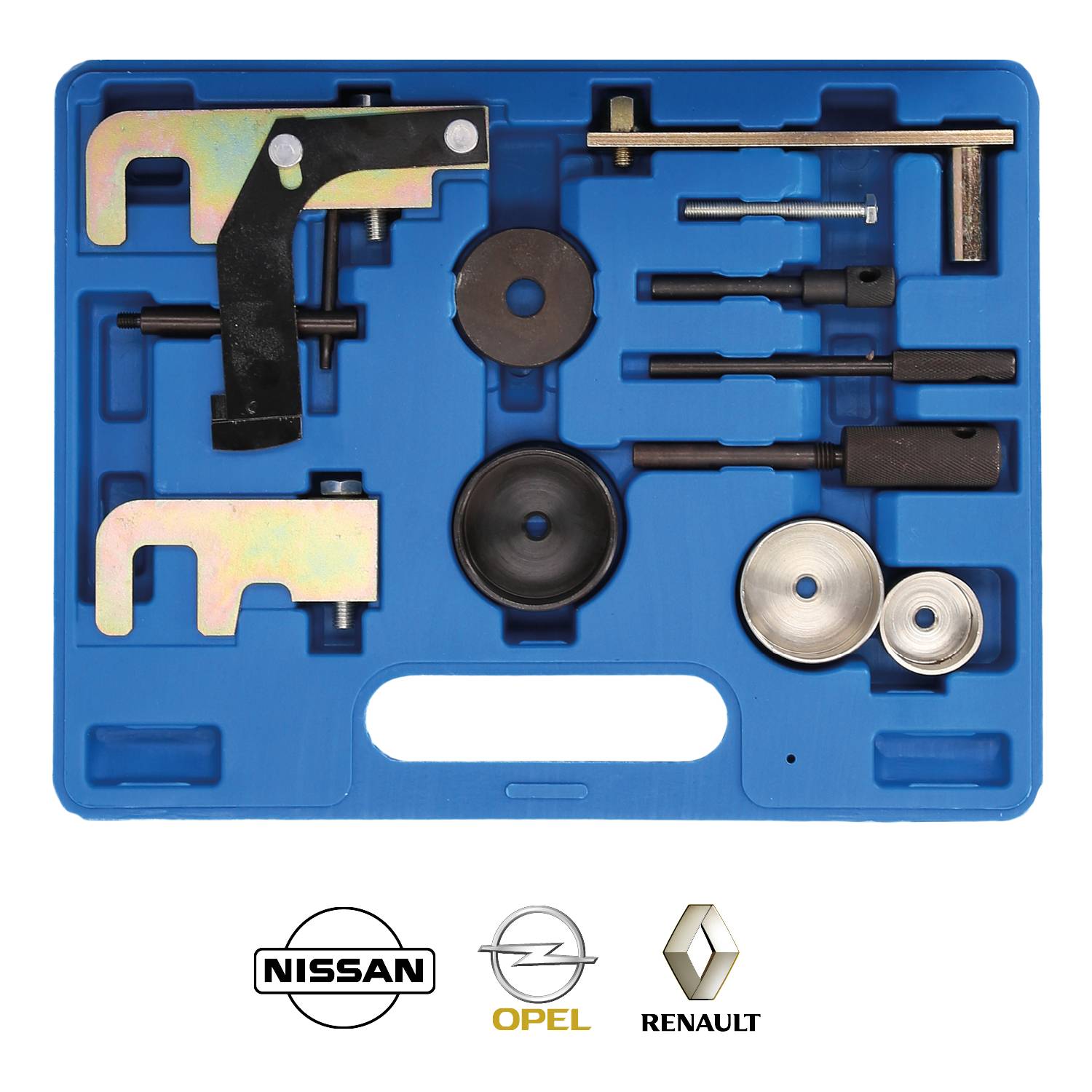 'Specialist tool set for engine management, suitable for Nissan, Vauxhall and Renault vehicles. Includes various mounting brackets and adapters in a blue case.'