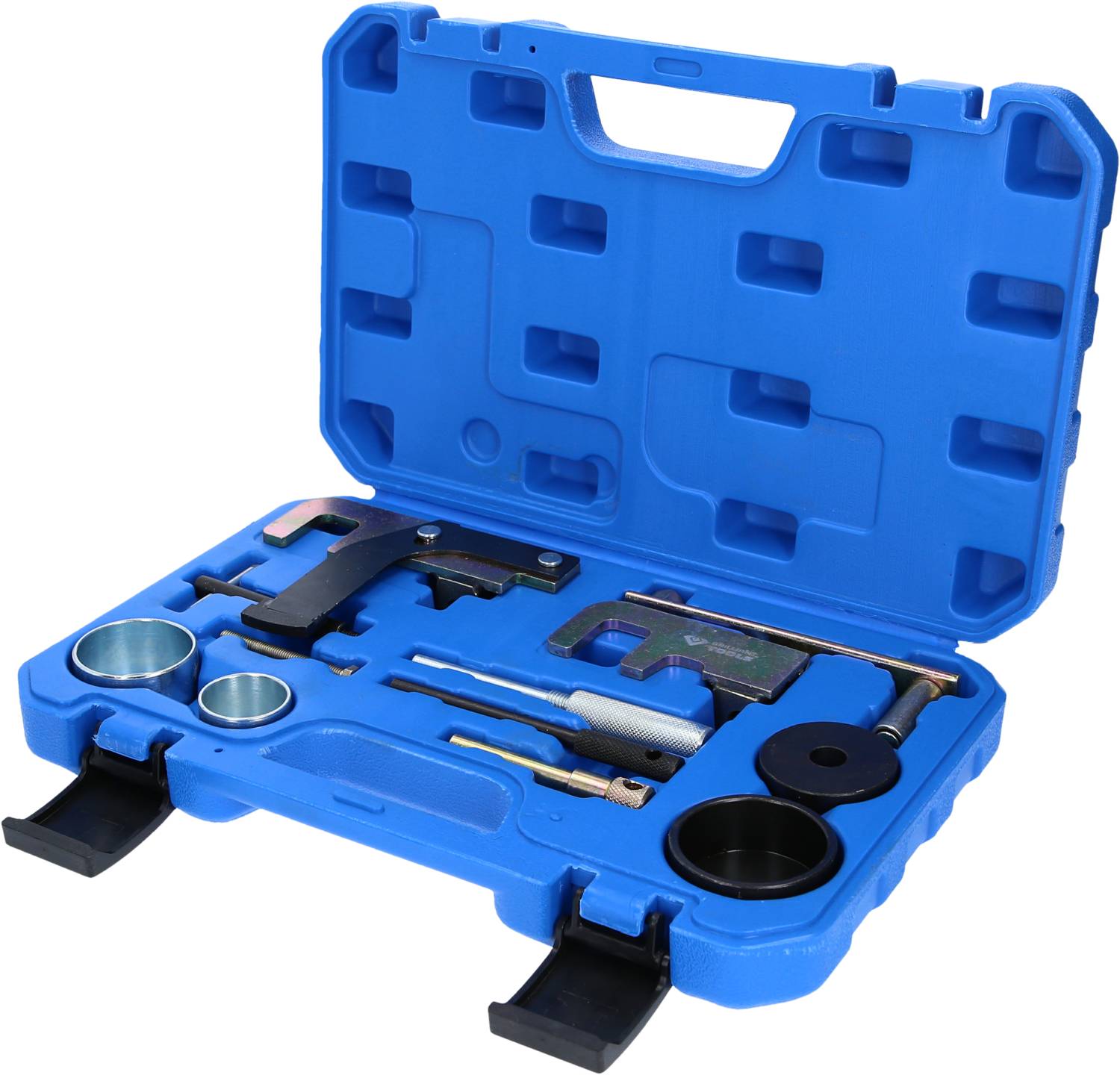 A blue toolbox with various precise tools for motor servicing, including screwdrivers and measuring instruments.