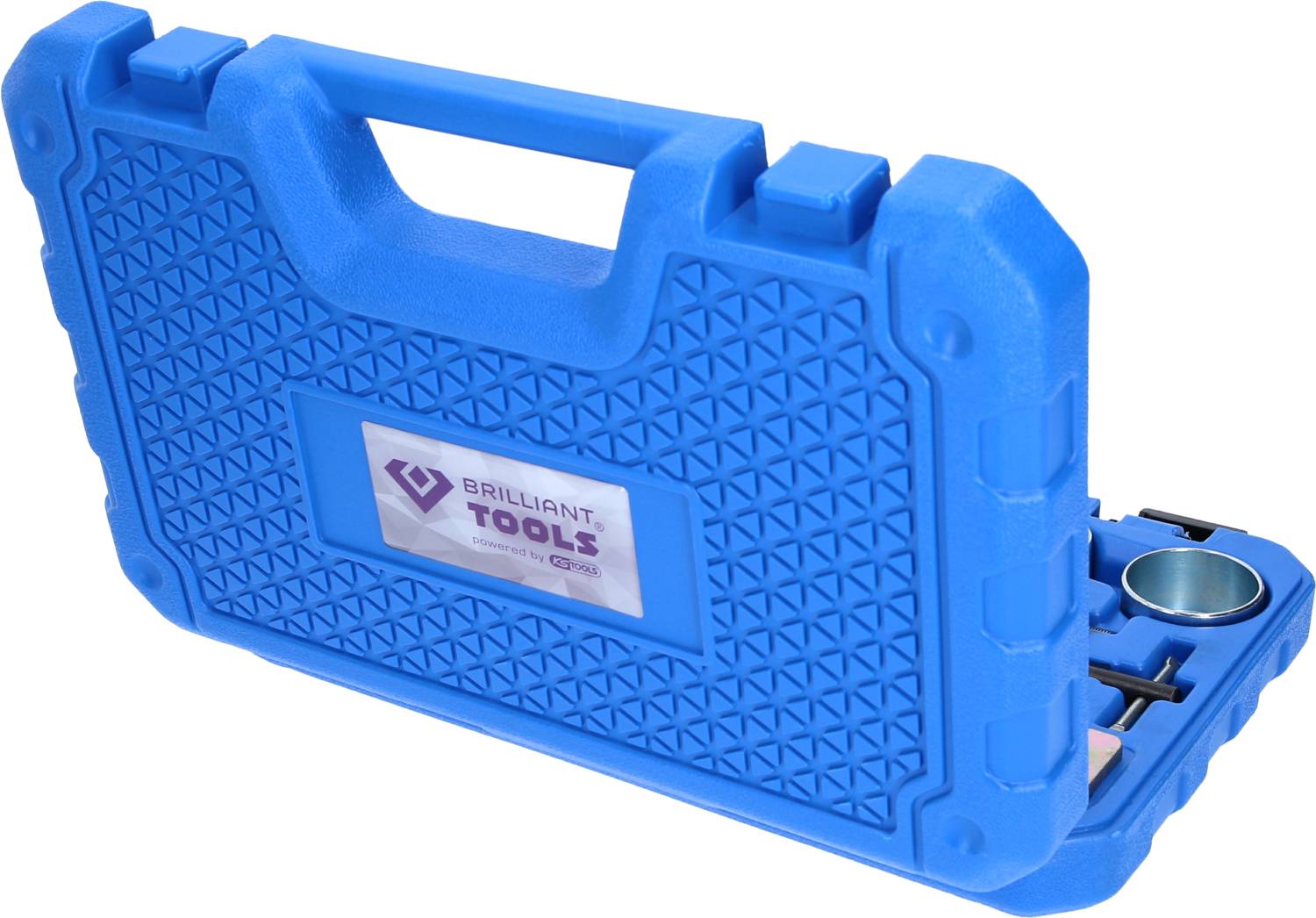 Blue tool case with carry handle and 'Brilliant Tools' logo. Contains internal compartment for tools.