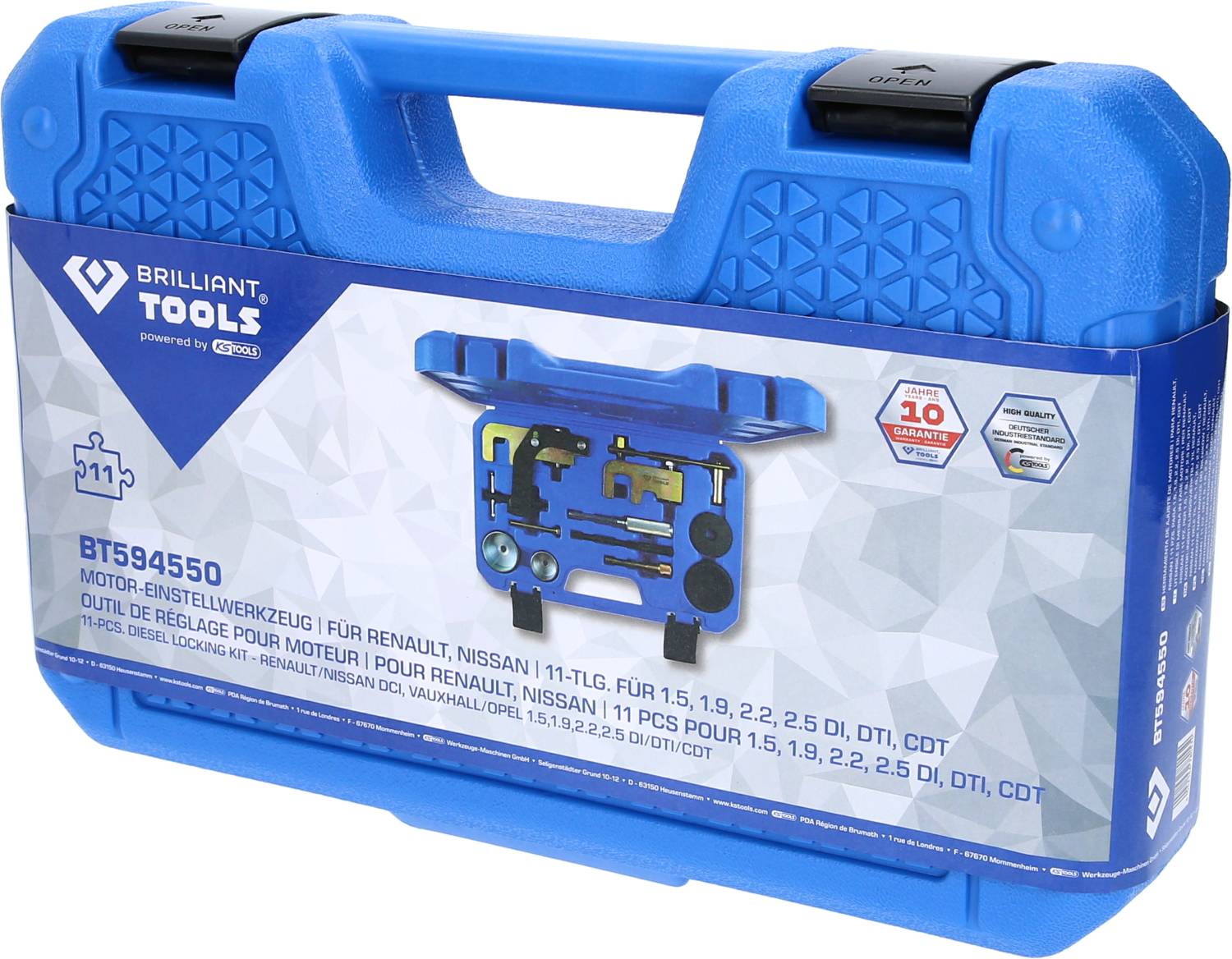 Blue tool case with 'Brilliant Tools' logo. Contains engine setting tools for Renault/Nissan, 11 pieces, Model BT594550.