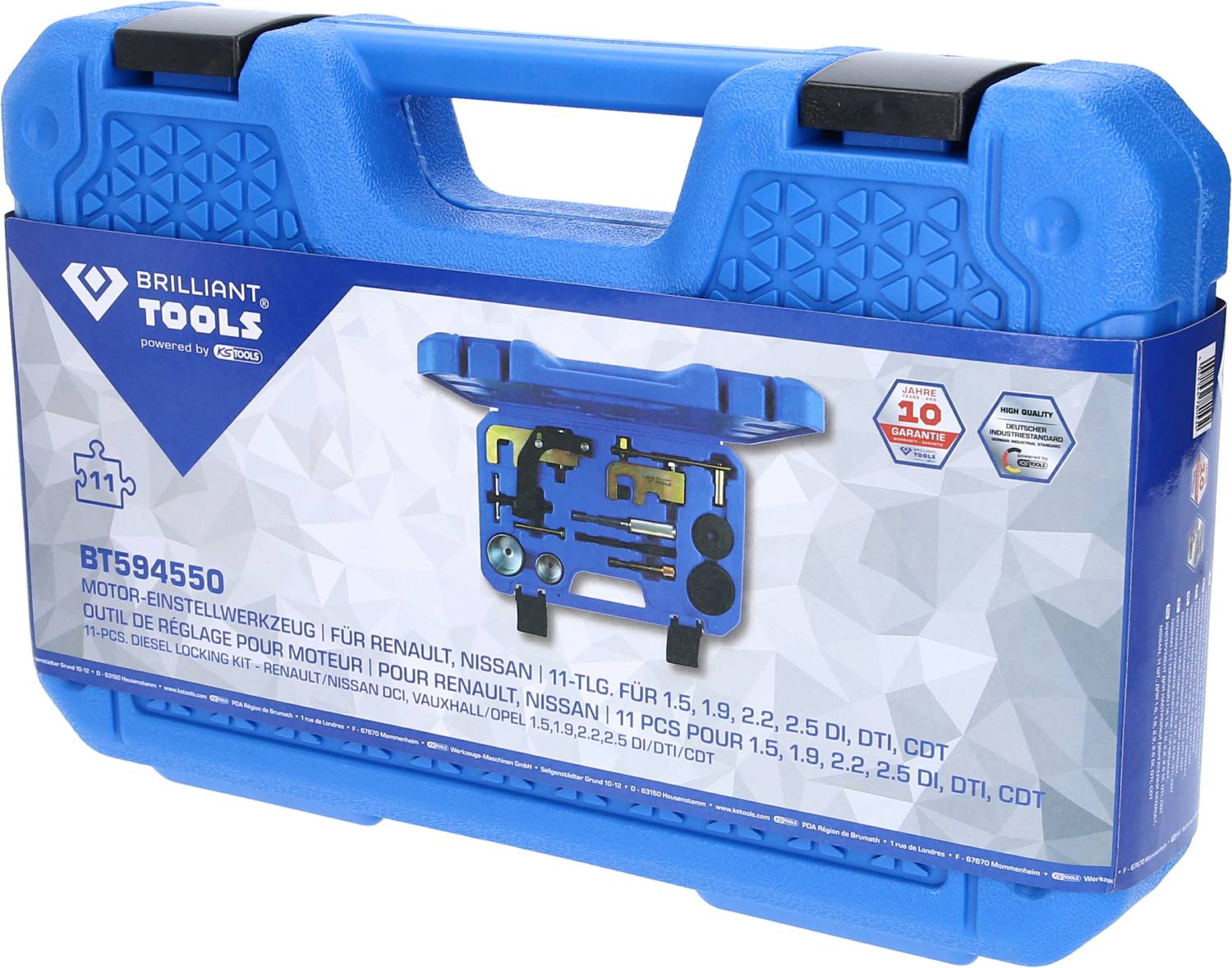 Blue tool case with the inscription 'Engine Setting Tool for Renault, Nissan'. Contains eleven parts for diesel engine adjustments.
