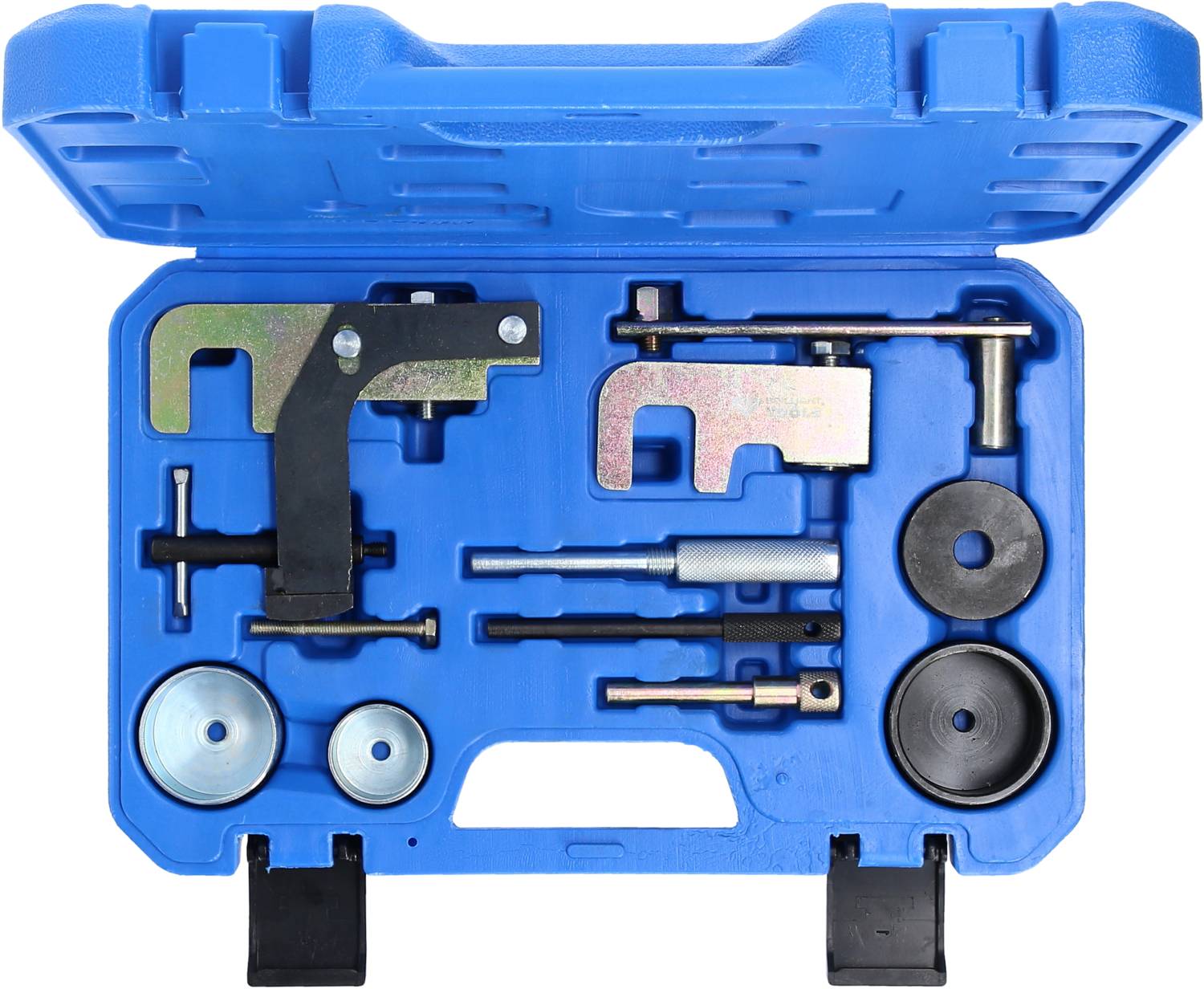 A blue tool case with specialist automotive tools, including spanners, clamps, and adapters.