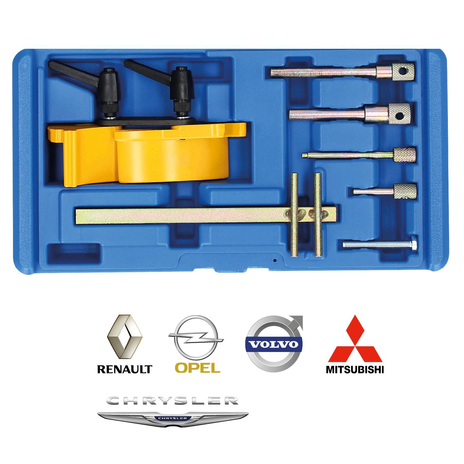 'Set of camshaft and flywheel locking tools, suitable for Renault, Opel, Volvo, Mitsubishi and Chrysler in blue box.'