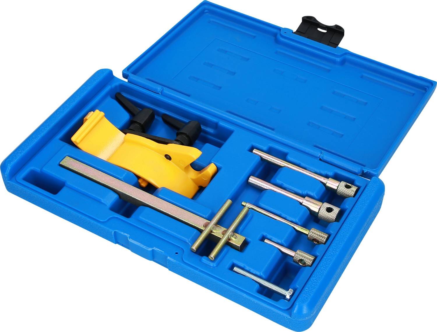 Blue plastic case with a toolset for installing and removing car wheel bearings. Includes mounting brackets, screws, and tools.