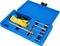 Blue plastic case with a toolset for installing and removing car wheel bearings. Includes mounting brackets, screws, and tools.