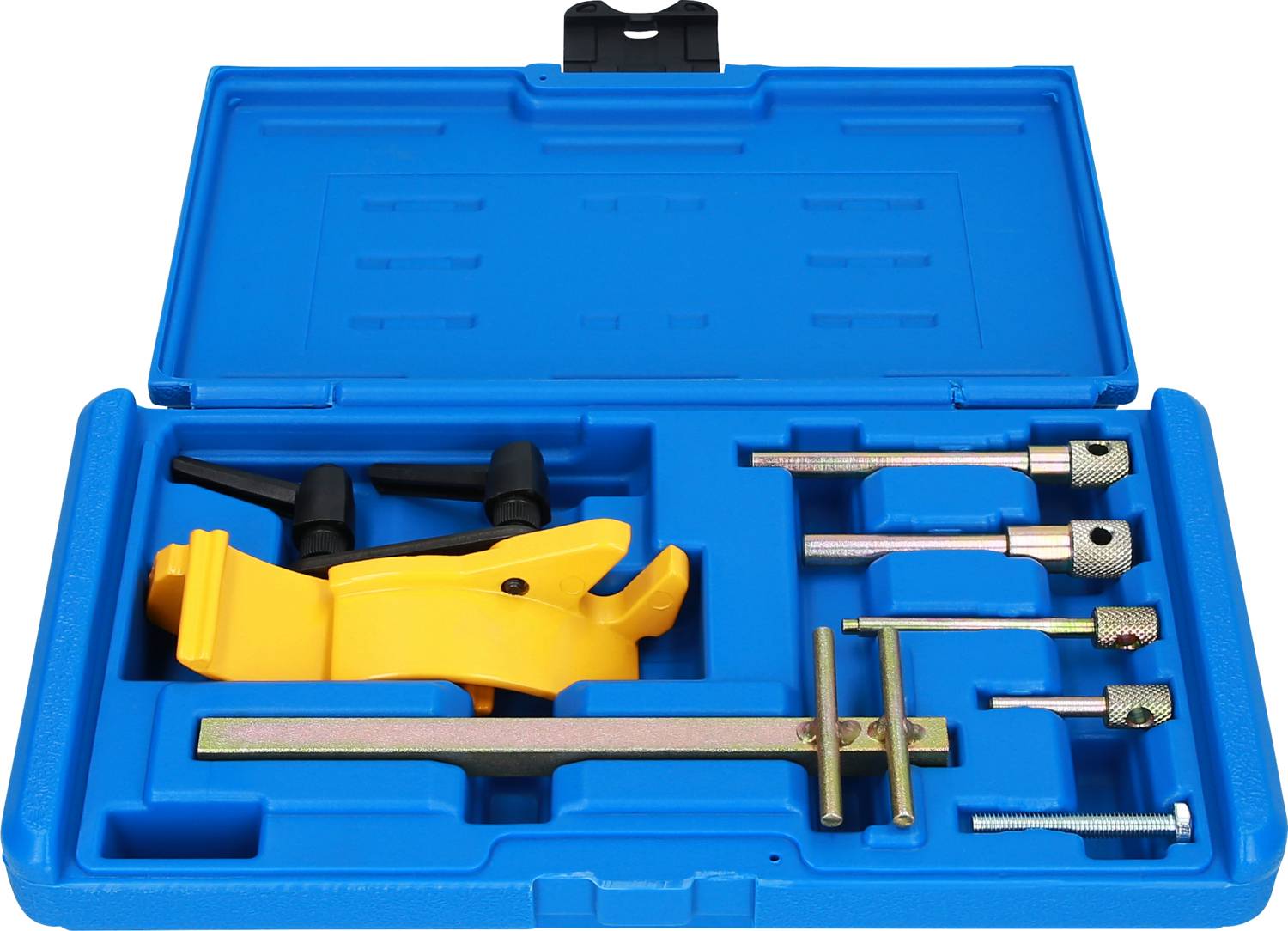 Blue toolbox with yellow/black pipe cutter and silver tool parts, arranged inside the case.