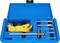 Blue toolbox with yellow/black pipe cutter and silver tool parts, arranged inside the case.