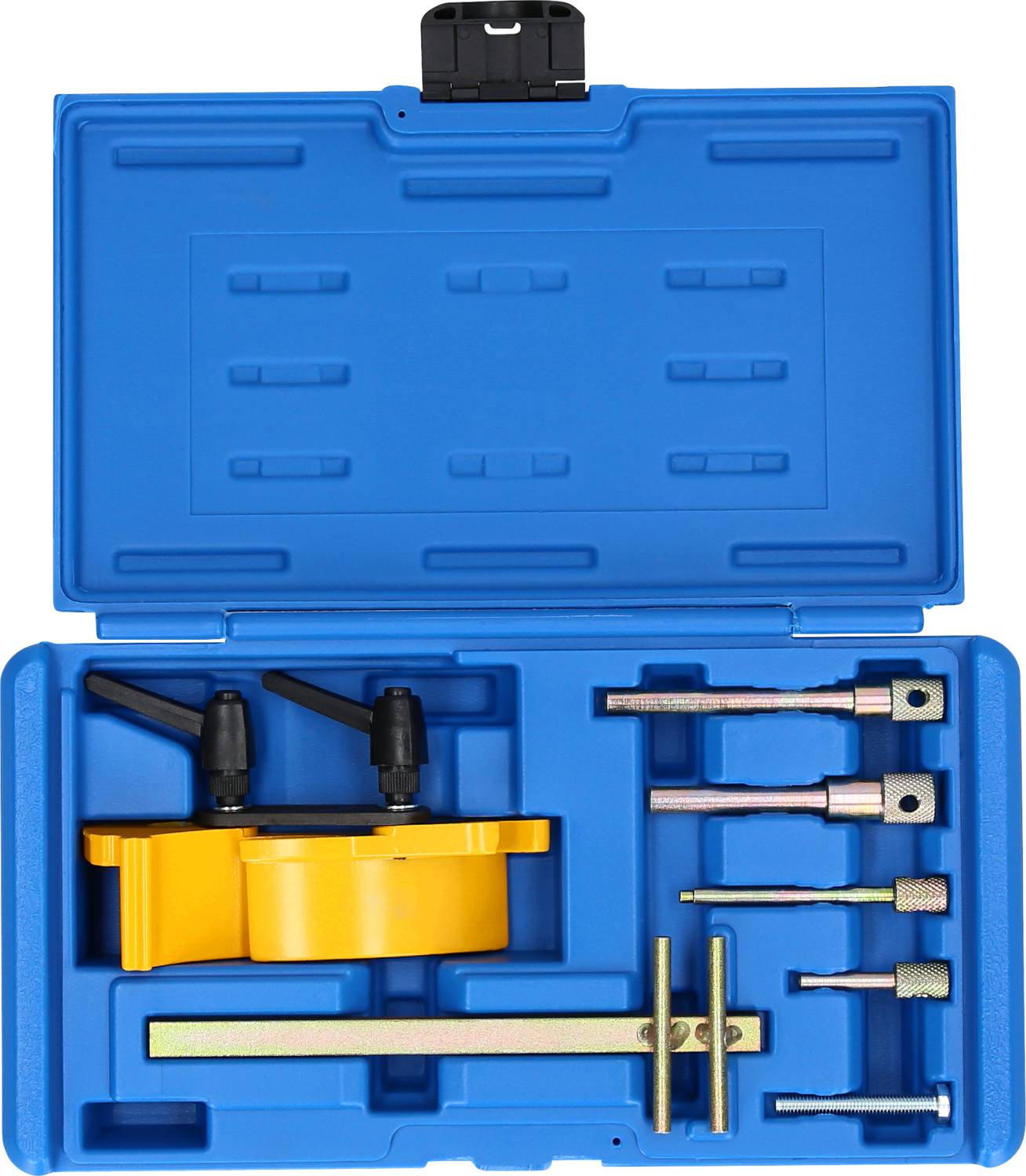 A blue toolbox with an open lid, containing specialist tools for engine adjustment, including holders and screwdrivers.