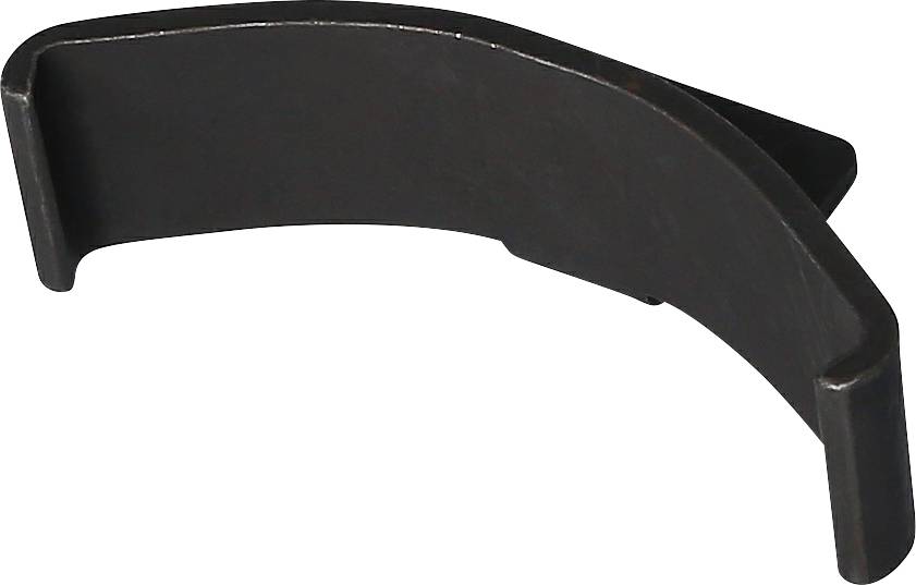 A single, curved metal piece lies on a flat surface. It has slightly raised edges at both ends.