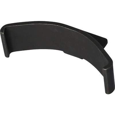 A single, curved metal piece lies on a flat surface. It has slightly raised edges at both ends.