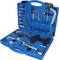 A blue plastic toolbox containing various car repair tools, including pliers, spanners and a chain wrench.