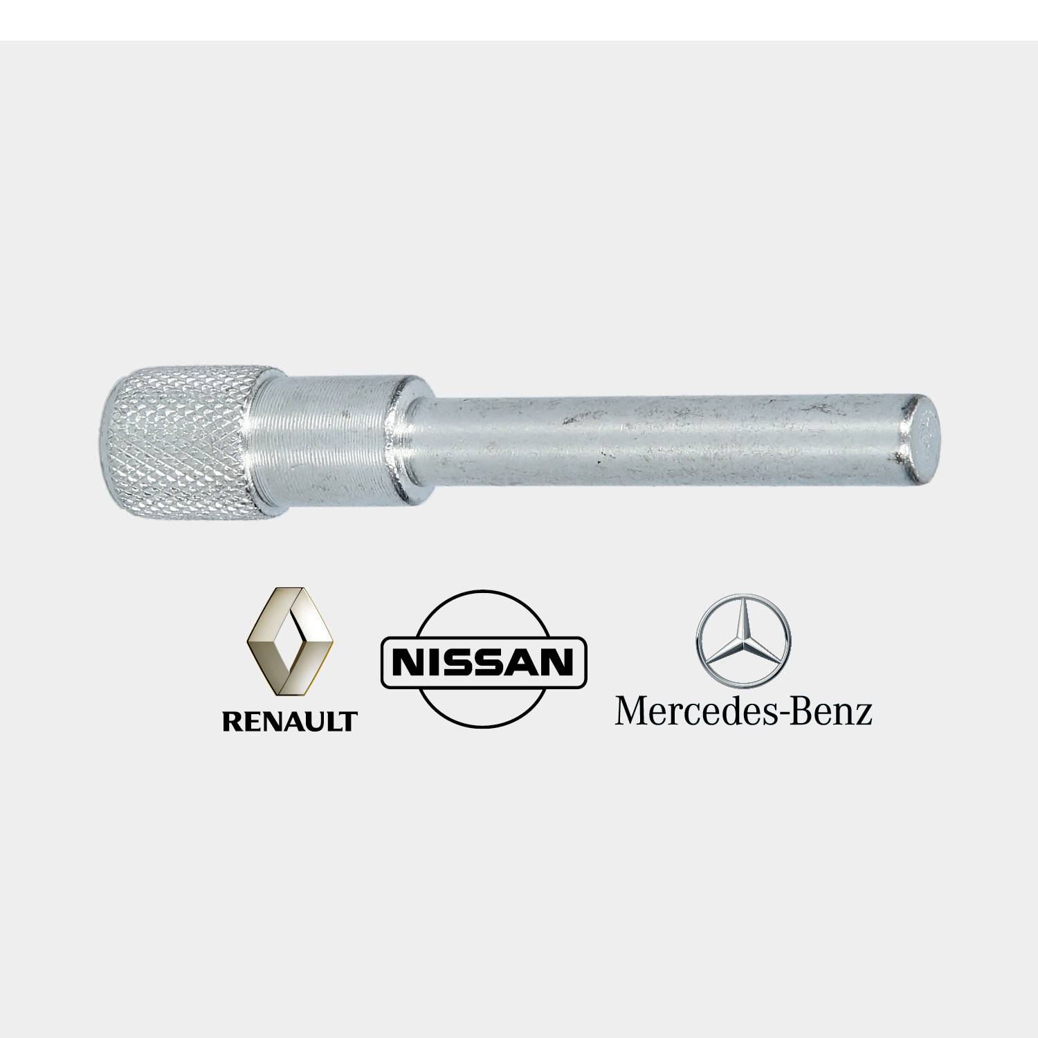 A metal adapter against a grey background, with the logos of Renault, Nissan, and Mercedes-Benz at the bottom.
