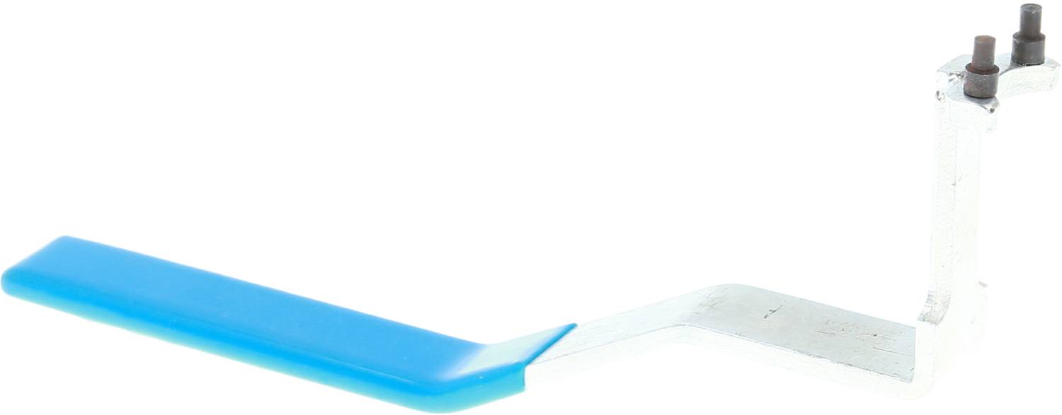 Metal part with a blue handle, curved middle section, and two screw mounting points at one end. Used for mechanical fastening.