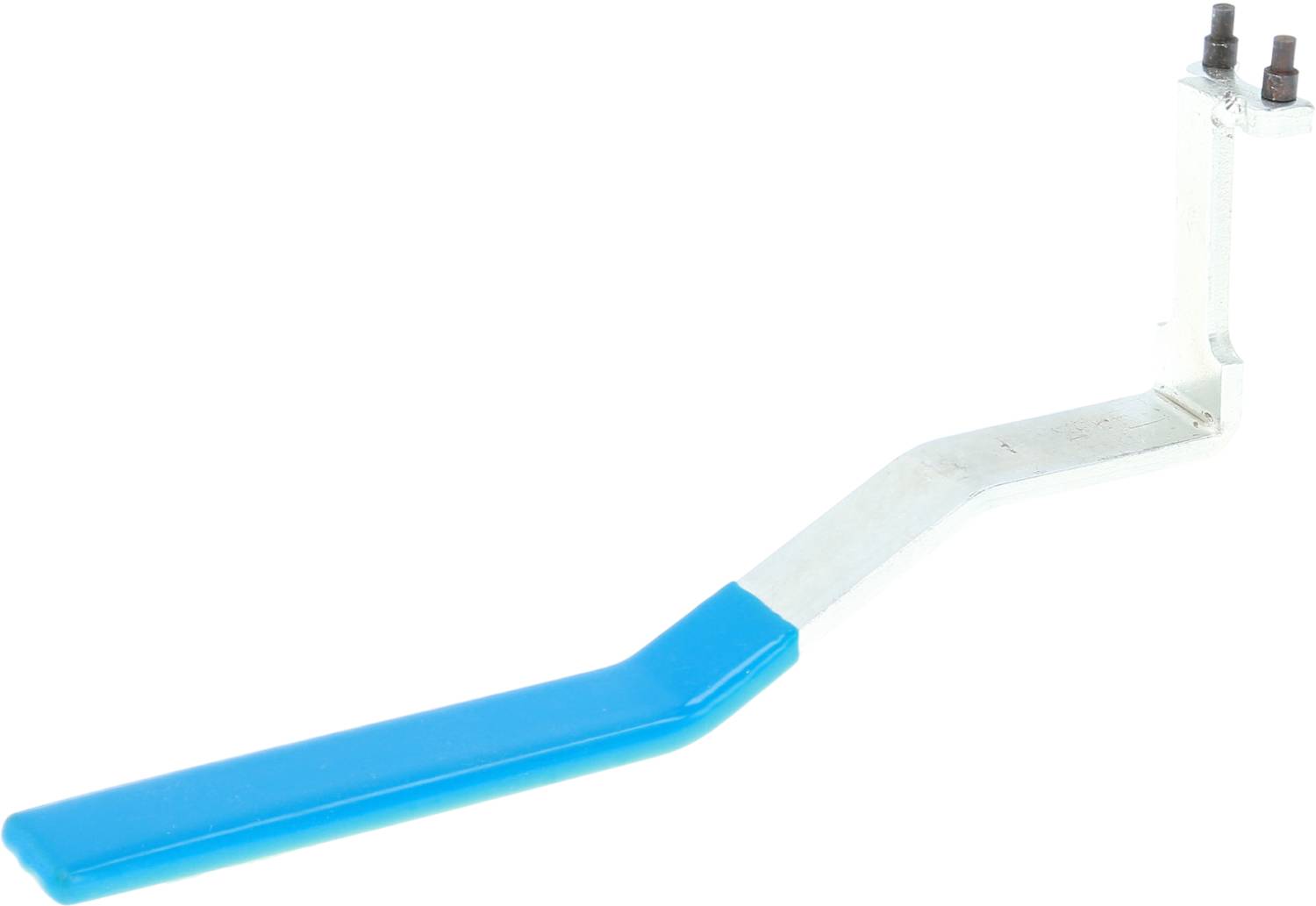 A metallic lever with a blue plastic coating on the longer side, two screws on top.