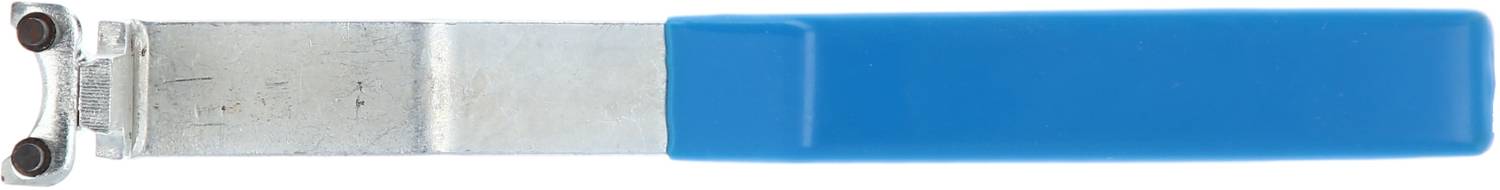 A blue bottle opener with a metal head, suitable for opening crown-capped bottles.