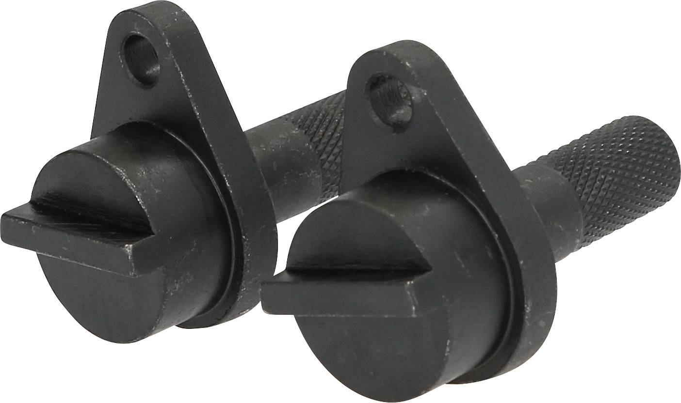 Two black metal pens with a knurled grip and a hole for attachment.