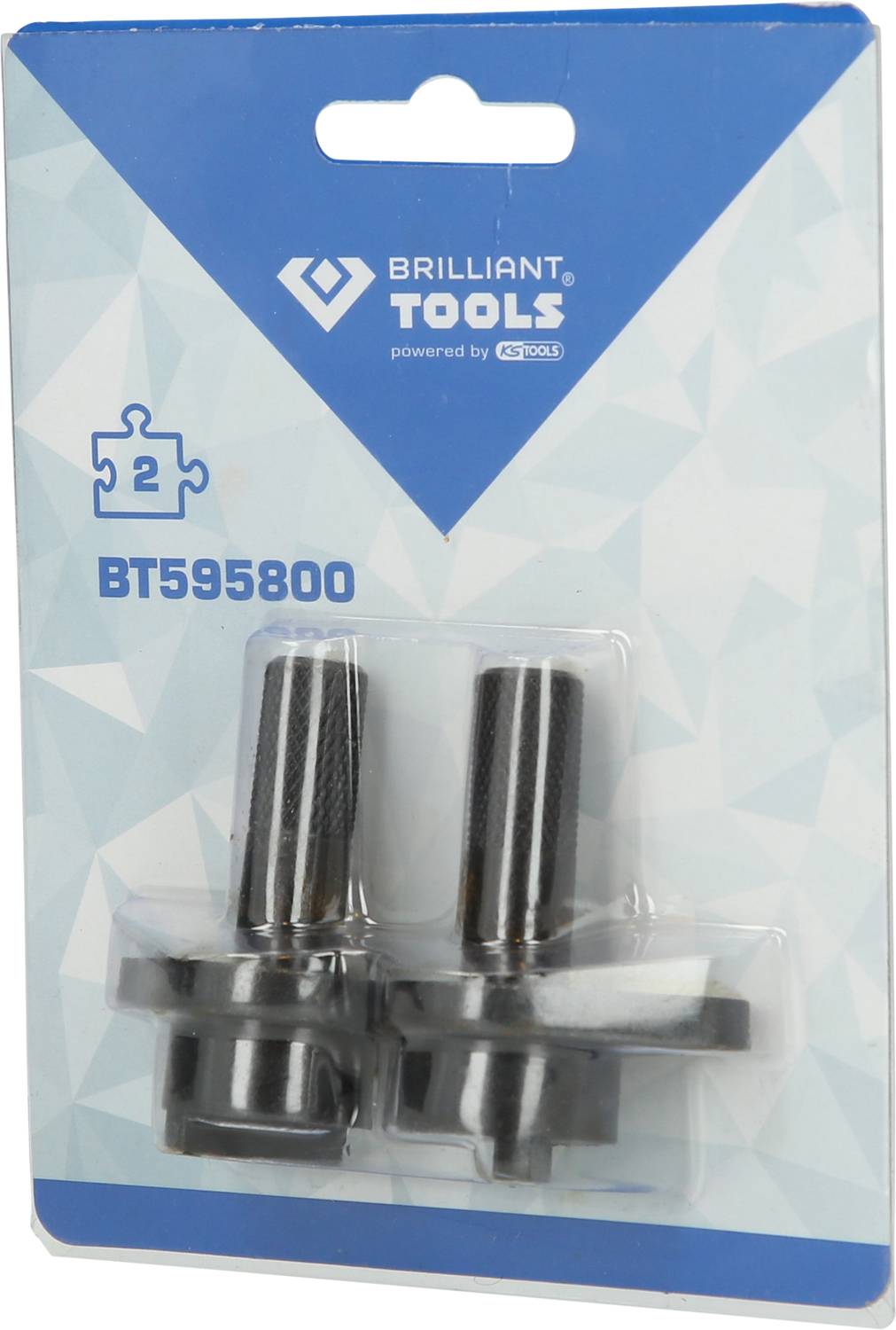 Two black tools in a blue packaging by 'Brilliant Tools', model 'BT595800', for cars, with puzzle piece symbol and number 2.