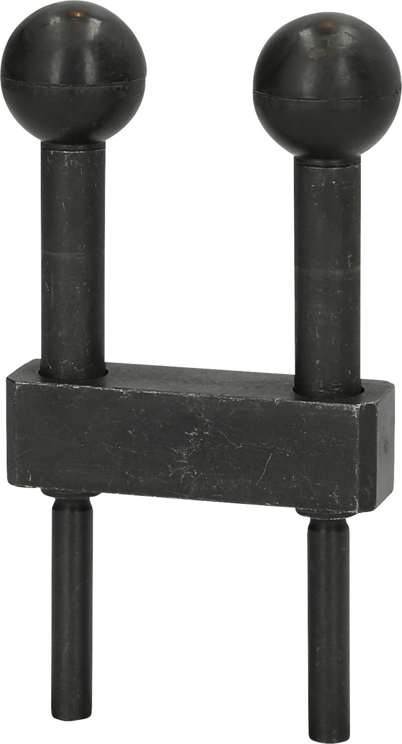 A black metal object with two vertical bars carrying spheres at the top. It resembles a simple stylised figure logo.