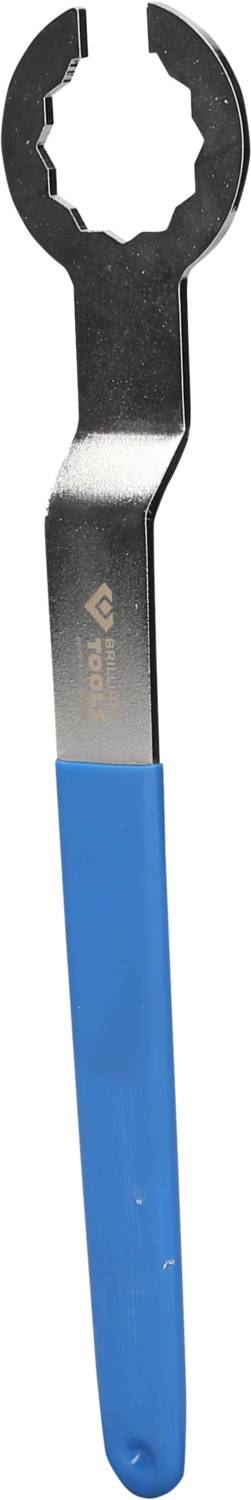 Black spanner with blue handle, curved shape. Marking on the metal head. Tool for assembly.