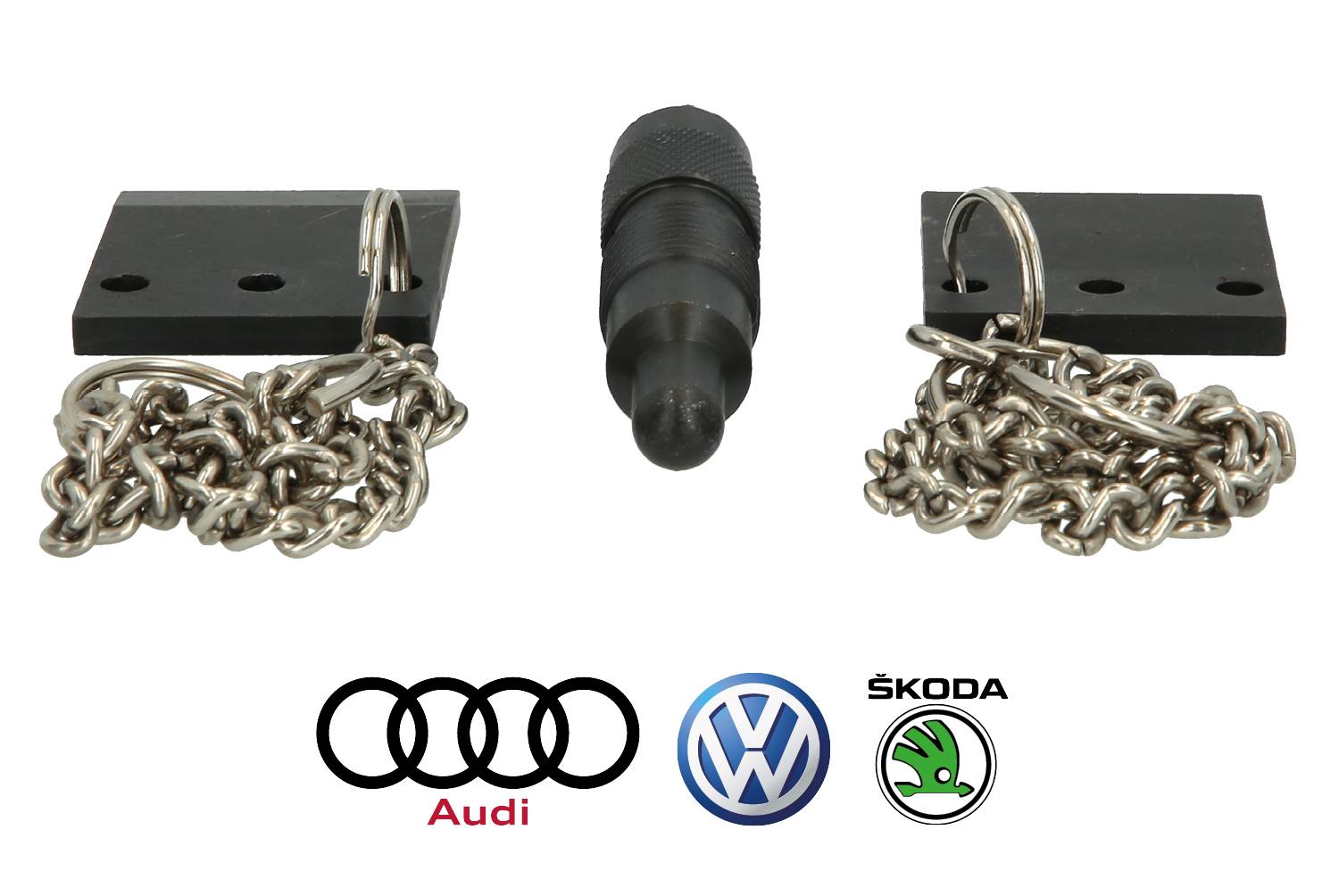 A vehicle tool set with automotive chains, bolts and mountings. Below are the logos of Audi, Volkswagen and Škoda.