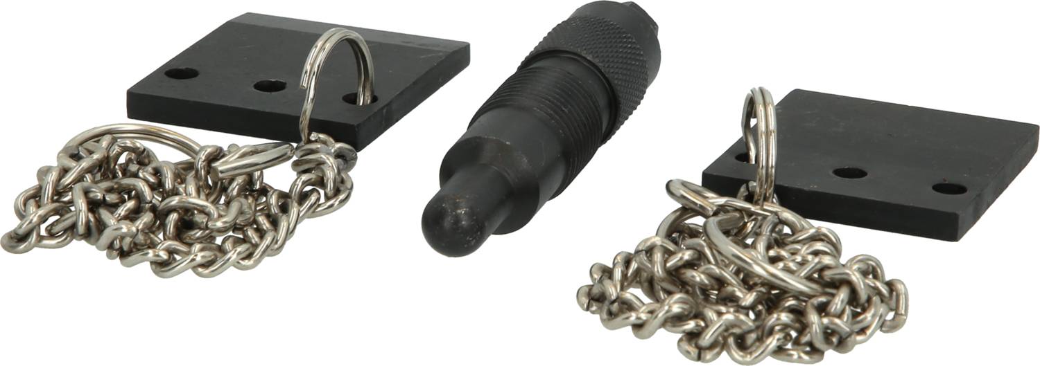 Lockable chain with two black plates and a black bolt in the centre, all connected by a metal loop.