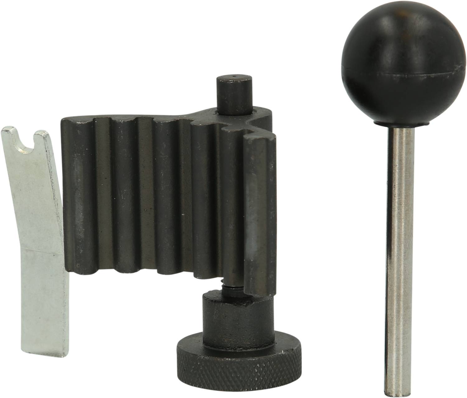 Metal tool set consisting of a serrated part with a lever and a round handle on a rod, on a white background.