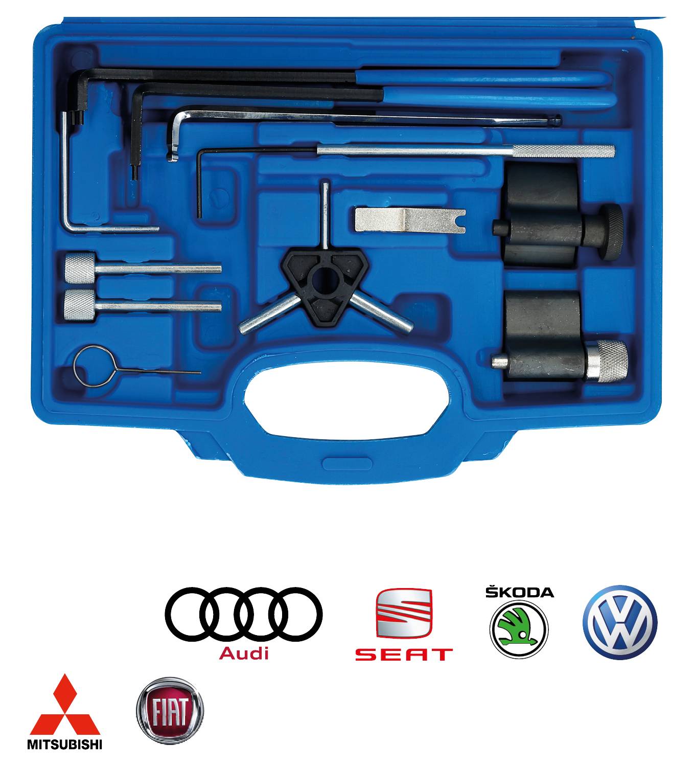 A blue tool set for timing belt control with various tools, including an L-shaped Allen key. Brand logos below: Mitsubishi, Fiat, Audi, Seat, Škoda, Volkswagen.