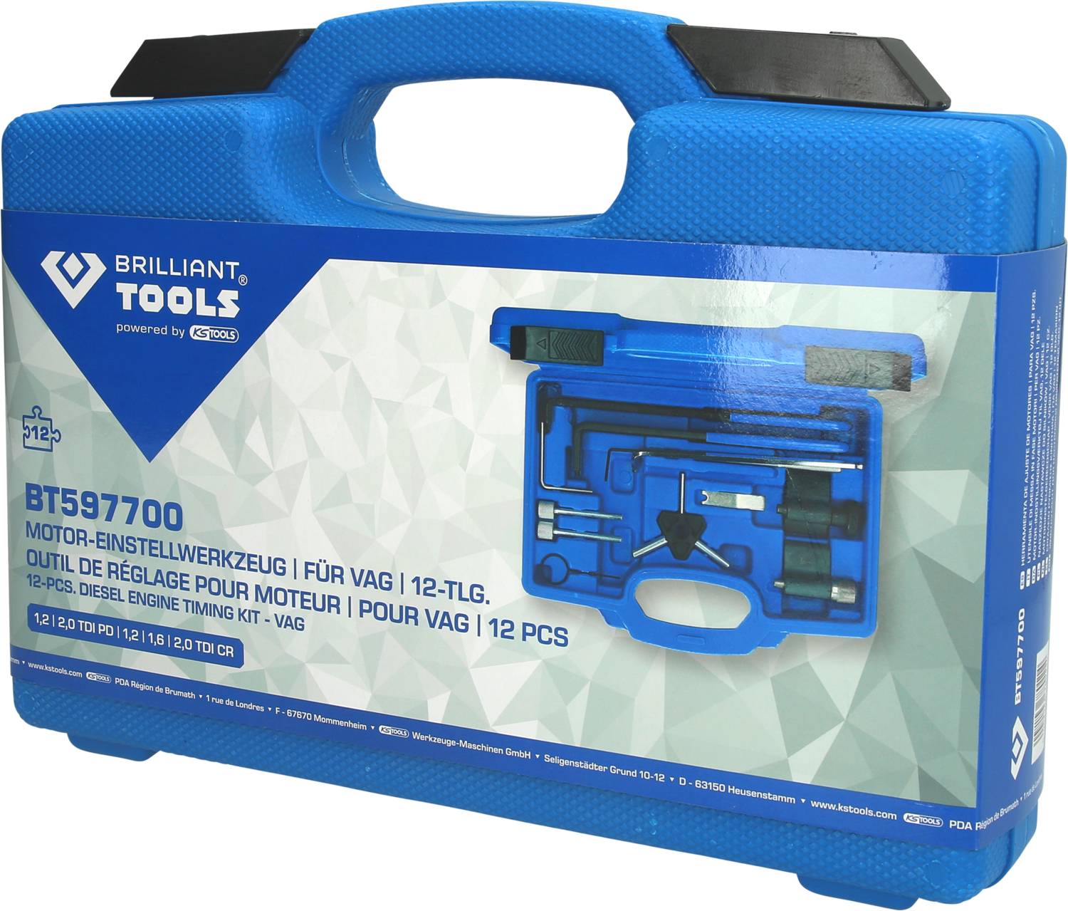 'Brilliant Tools Motor Adjustment Tool Set for VAG, 12-piece' shows blue tool set with case, for engine alignment on VAG vehicles.