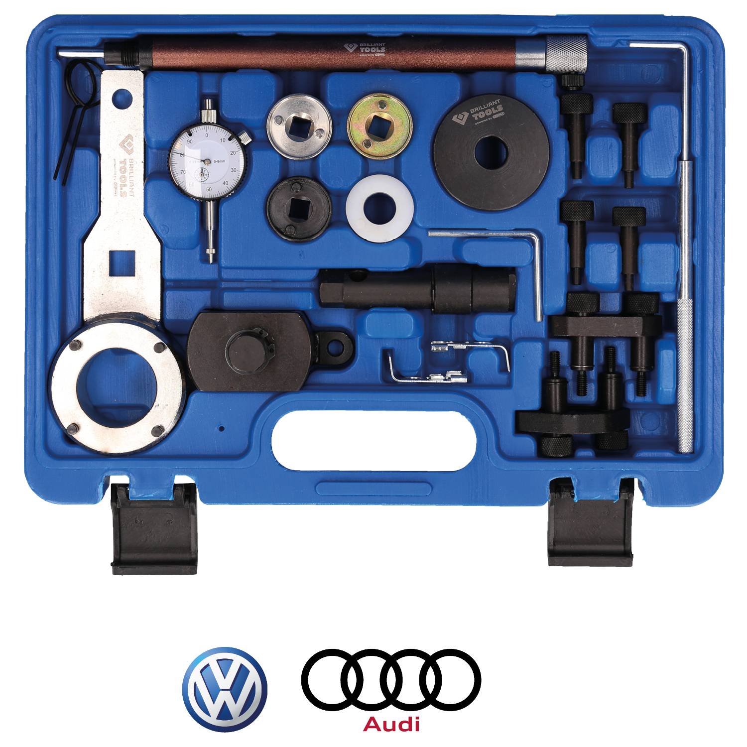 Blue tool case for Audi and VW with various specialist tools, including dial gauge and screws, for engine maintenance.