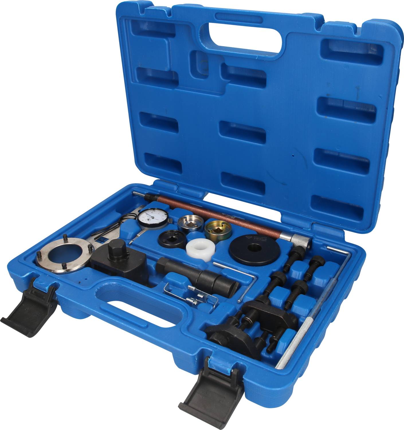 Toolbox made of blue plastic with various tools and accessories such as measuring device, spanner, and adapters, open.