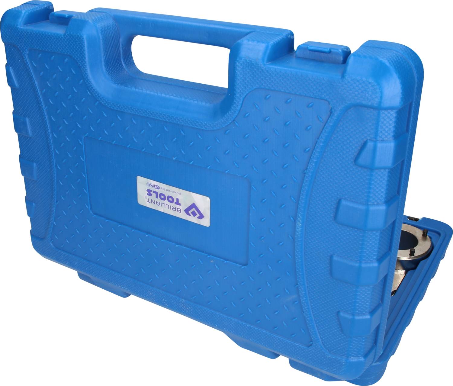 Blue plastic toolbox with embossed pattern and 'Design Tools' sticker, used for storing tools.