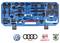 A blue toolbox with various specialist automotive tools, featuring brand logos from Volkswagen, Audi, SEAT and Škoda.